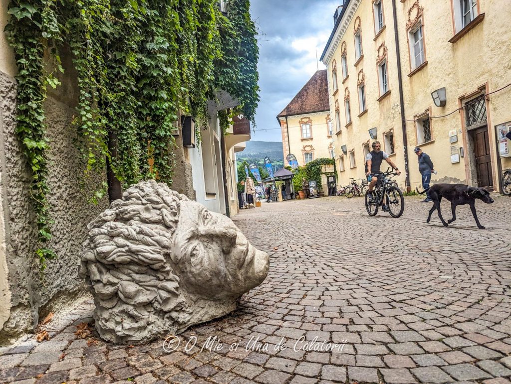 a cobble stone road, with the head of a statue on the left, and a person riding a bicile and walking a dog.