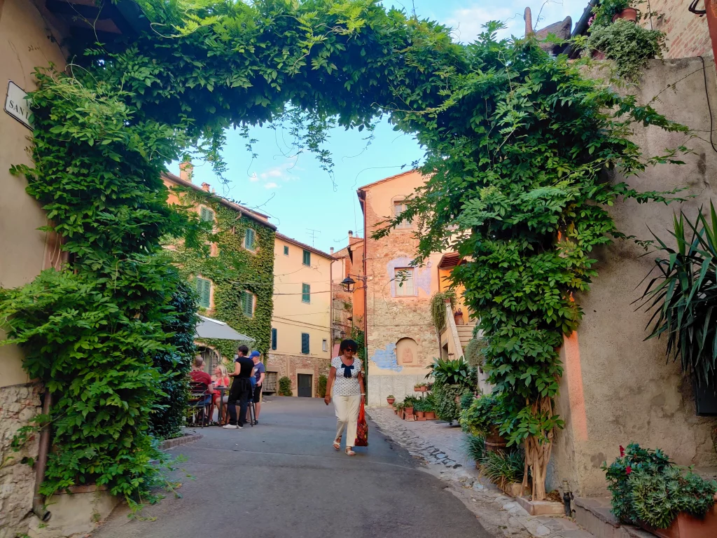 a person walking under a plant arcade from one side of the street to the other,