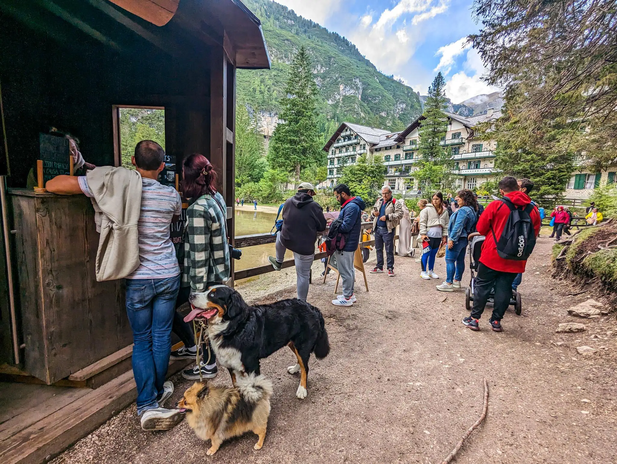 people waiting in line to buy tickets for the boats, some people have their dogs with them.