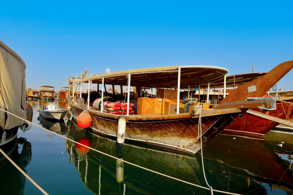 A classical shaped boat at the marina