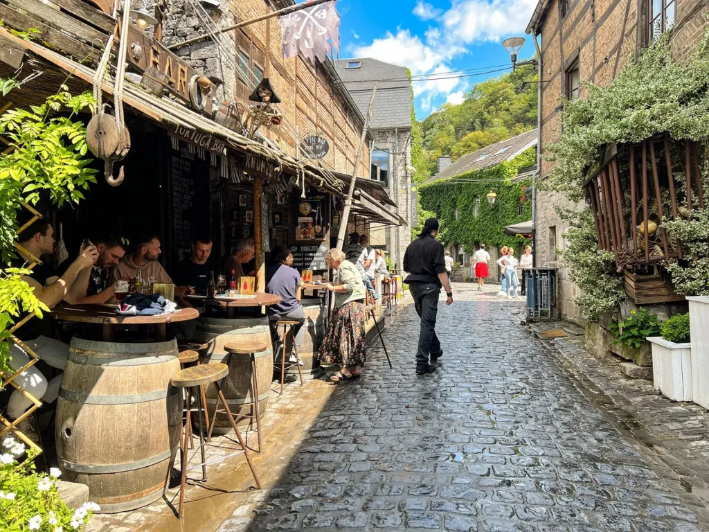 Belgium Durbuy cobbled street with a pub