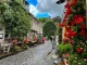 Belgium Durbuy small cobbled road full with flowers