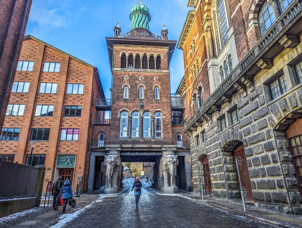 Denmark, a wide shot of the entrance to the Carlsberg Breweries in Copenhagen.