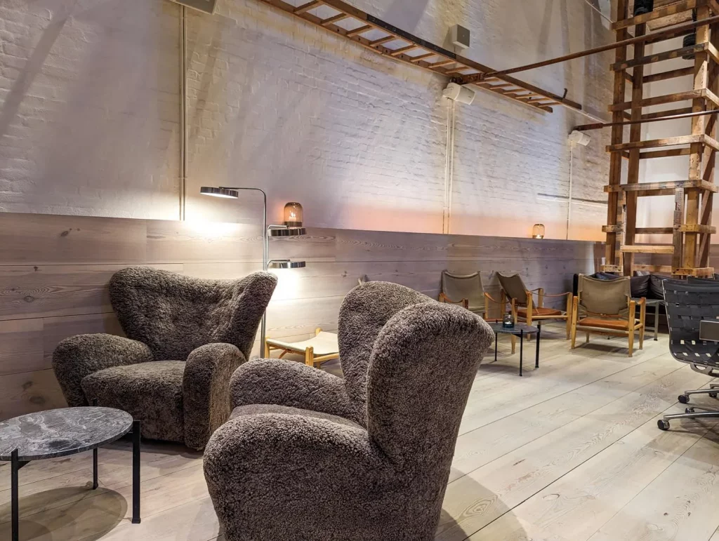 Denmark view of a hallway inside the hotel the brutalist architecture layout of the bar area